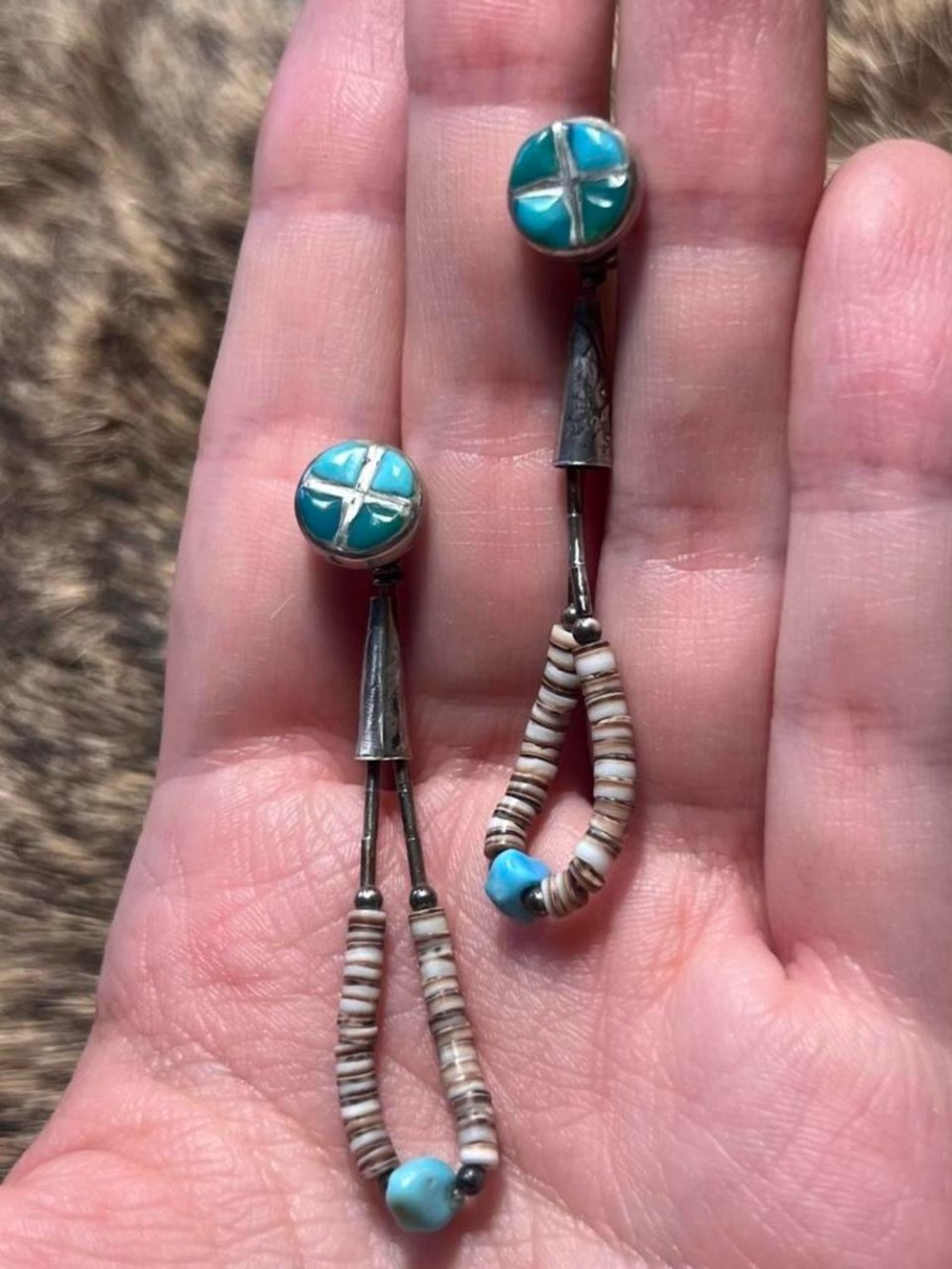 Sterling silver Native American Zuni turquoise shell loop drop earrings